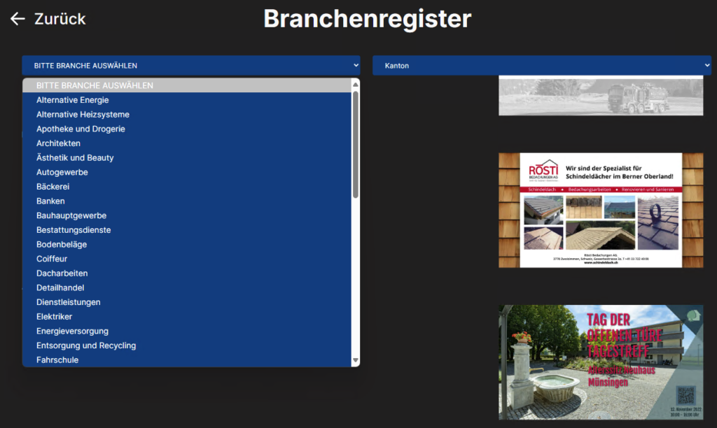 Branchenregister auf dem digitalen Infoboard-Display